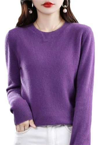 CUSON Maglioni in Cashmere da Donna, 100% Cashmere, a Maniche Lunghe, Girocollo, Morbido, Caldo, Lavorato a Maglia, Viola Scuro, L