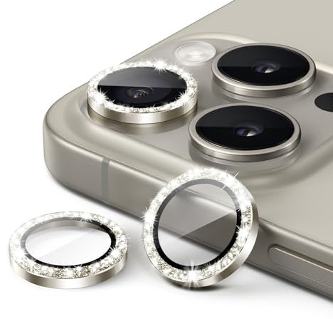 JETech Protector Lente Cámara para iPhone 15 Pro 6,1 Pulgadas y iPhone 15 Pro Max 6,7 Pulgadas, Bling Glitter Individuo 9H Vidrio Templado Anillo Metal Funda, 1 Juego (Titanio Natural)
