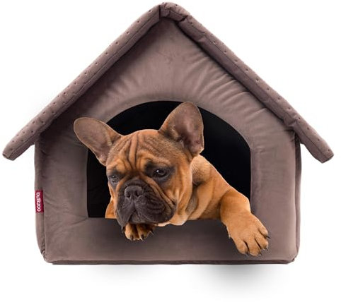 Elegant Hundehöhle, Hundehütte | Größe L: 34 x 44 x 38 cm | Farbe: Braun Velvet | Hundehaus für mittlere Hunde | Katzenhaus, Katzenhöhle