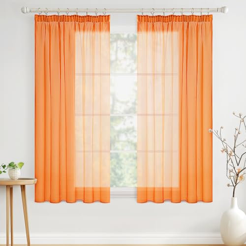 MIULEE Gardinen Vorhänge mit Kräuselband Vorhang Transparente Gardine aus Einfarbig Transparent Sheer Voile Wohnzimmer Luftig Dekoschal für Schlafzimmer 2er Set 175 x 140cm (H x B) Orange
