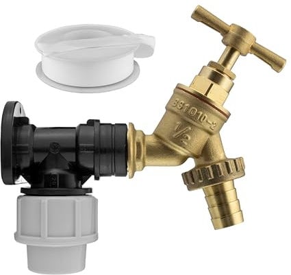 Wall Flange Kit Components: Wall Plate Elbow, ½ Brass Garden tap, Barb Hose Fitting, PTFE Tape - Designed for use with 20mm MDPE (Medium-Density polyethylene) Pipes