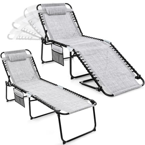 KOMFOTTEU Faltbare Sonnenliege mit Seitentasche & Kopfstütze, Strandliege mit 4 verstellbaren Positionen, Gartenliege bis 150 kg, Relaxliege für Pool, Garten (2, Grau)