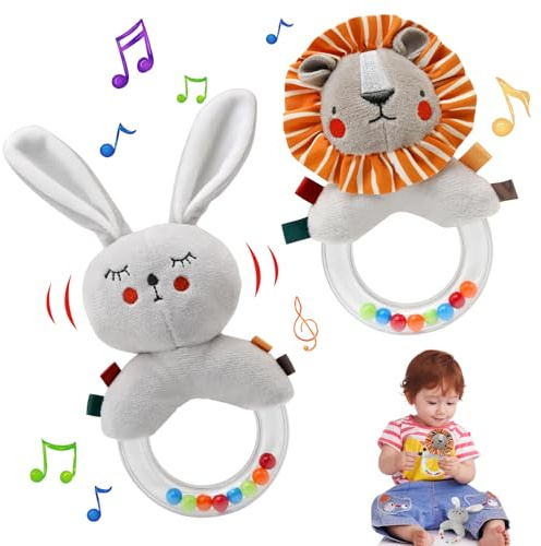 Ballery 2 Stück Baby Rassel 0-6 Monate, Babyspielzeug 0-6 Monate, Greifling zum Rasseln, Baby Rasseln Spielzeug, Rassel Baby Plüschtiere Entwicklungs-Spielzeug