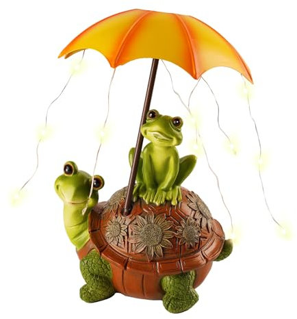Solar Gartenfiguren Schildkröte Frösche Gartendeko für Draußen, Harz Solar Frosch mit Regenschirm und LED Wasserdicht, Figur Kawaii Geschenke für Frauen/Mama Deko für Zimmer Terrasse Balkon Deko (A)
