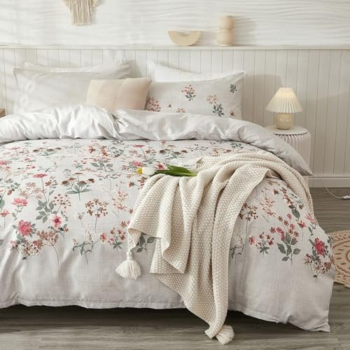Freyamy Housse de Couette Fleurie 240x260+2 Taie d'oreiller 65x65 Gris Clair Coloré Feuilles Floral Parure de lit 2 Personnes Adulte Fleurs Sets de Housse Couette en Microfibre avec Fermeture Éclair