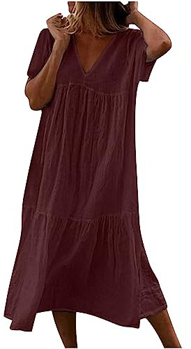 2024 Robe Coton et Lin Femme Col V D'été Robe Longue Boheme Chic et Elegant Décontractée Maxi Dress Grandes Tailles Jupe Lâche Couleur Unie Chic Robe de Plage Vacances Casual Vêtement Lin Femme