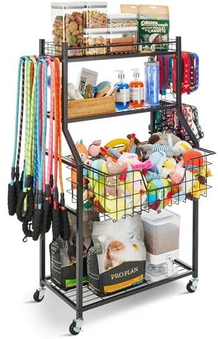 PeBro Dog Toy Basket, Pull-Out Dog Toy Bin and Dog Toy Box for Dog Toy Storage, Dog Storage Organizer Rack with Hooks and Wheels for Dog Leash Dog Collar Dog Treat and Other Dog Accessories