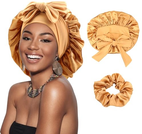 DRESHOW Satin Zopfhaube für Damen Seidenhaube zum Schlafen Schlafmütze mit Elastischem Band Nachtmütze für Lange Lockiges Haar Locs