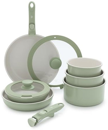 GreenLife 10 Piece Nonstick Pots & Pans Set, Detachable Handle & Stackable Cookware Set, Non Toxic PFAS-Free Skillets, Induction Kitchen Pans, Space Saving, Serving Bowls, Oven Safe, Sage Green