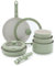 GreenLife 10 Piece Nonstick Pots & Pans Set, Detachable Handle & Stackable Cookware Set, Non Toxic PFAS-Free Skillets, Induction Kitchen Pans, Space Saving, Serving Bowls, Oven Safe, Sage Green