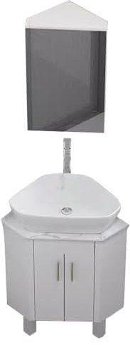Meuble Lavabo d Angle Salle de Bain avec Vasques, Pot Agrandi Grande Capacité Miroir Argenté HD, Miroir Salle de Bain avec Rangement, pour Toilette(L)