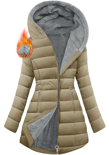 CMTOP Giacca Invernale Donna Foderati Cappotto Invernale in Pile Caldo Giacca Trapuntata Lungo Antivento Giubbotto con Cappuccio Casual Parka Cappotto Imbottito con Zip e Tasche(Cachi, XL)