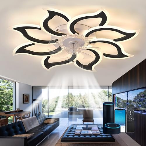 77cm,Plafonnier Ventilateur De Plafond Silencieux,Alexa Lustre Ventilateur De Plafond,Design En Forme De Fleur,App Dimmable,Modes DC,Été Et Hiver,Pour Le Salon-Black-8