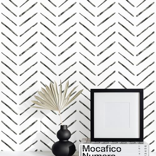 Rugreat Herringbone Peel and Stick Wallpaper Modern Contact Paper for Cabinets Stripe Wallpaper Neutral Self Adhesive Removable Wallpaper for Bedroom Bathroom Waterproof Black and White 118×17.3