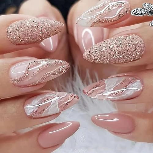 Kaichen Glitter Press On Nails Almond, Pink Glitter Press On Nails Medium, Includes 24 Nails, 24 Adhesive Tabs, 1 Manicure Stick, 1 Mini File