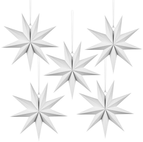 Vicloon 9 Pointed Paper Star Lanterns, 5 PCS 30cm 3D Large Star, Christmas Decorations Hanging Stars, Paper Lantern for Christmas Wedding Birthday Holiday Party Home Decor (White)