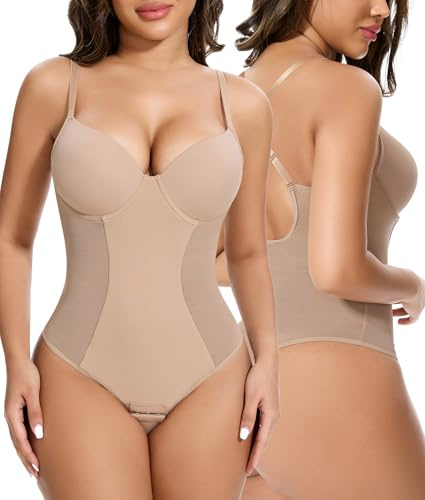 SHAPERIN Shapewear Damen Body Mit BH Push Up Figurformender Bodysuit Rückenfrei Body Baucheweg Beige M