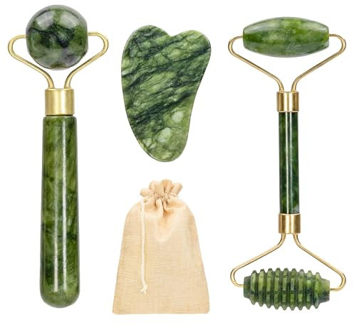 Rullo di Giada per il Viso e Gua Sha 100% Autentica, Massaggiatore viso e Corpo per Lenire la Pelle