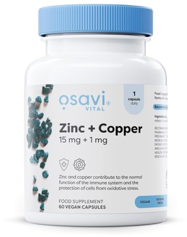 Osavi Zinc + Copper, 15 mg + 1 mg – 60 Vegan Capsules | Organic Zinc Chelate & Cupric Citrate | Supports Immune System & Protects Cells from Oxidative Stress