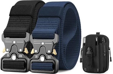 BESTKEE Taktischer Gürtel für Herren, 3,8 cm, strapazierfähig, Nylon, Militärgürtel mit Schnellverschluss-Metallschnalle, Geschenk mit taktischer Molle-Tasche, 2 Stück, schwarz/blau, For waist 50-54