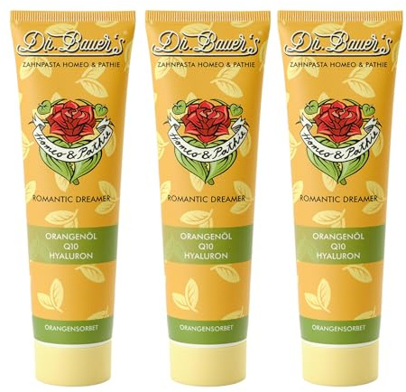 Dr. Bauer's Homeo & Pathie Zahnpasta Romantic Dreamer, 90 ml (1er Pack) | Vegan, Homöopathisch, mit Hyaluron, Q10, Vitamin B12 & Orangenöl, Fruchtiger Orangengeschmack