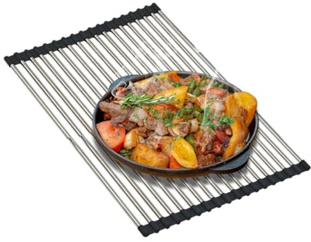 CHIRISEN Escurreplatos telescópico enrollable, 18 tubos, 33 x 29 – 54 cm, cocina sobre el fregadero, escurridor de silicona antideslizante, escurreplatos multiusos de acero inoxidable