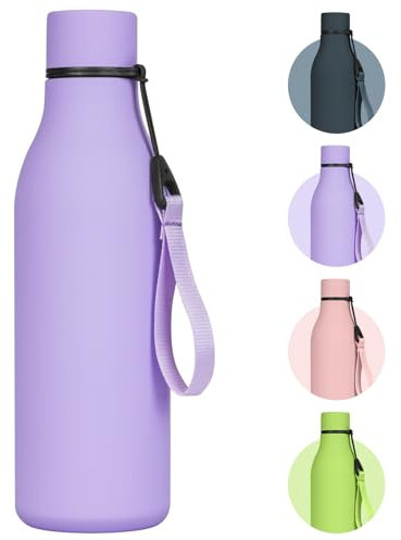 flintronic 550ml Water Bottles with Strap,Double Wall Vacuum Insulated Water Bottles Keeps Drinks Cold 24 Hrs/Hot 12 Hrs|Leak Proof|BPA Free,Stainless Steel Water Bottles for Gym,Hiking-Purple