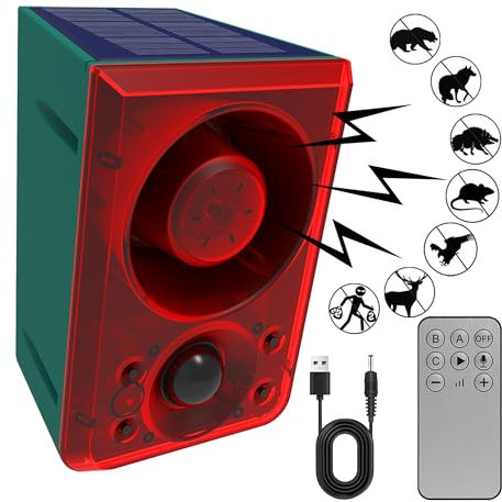 Alarme Solaire d'extérieur avec détecteur de Mouvement – QXMH aboiements et tirs de Chien, Prend en Charge l'enregistrement et ± Volume, détecteur de Mouvement 130 DB, avec USB pour la Maison, la