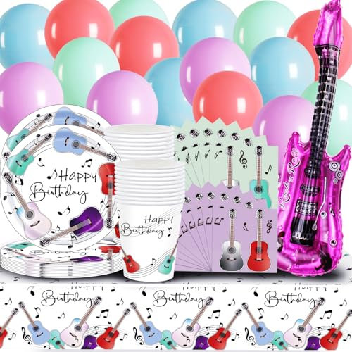 Lot de 20 portions de 78 pièces de style INS pour fête des années 90 avec ballon + assiette de 22,7 cm + gobelets + serviettes + grandes nappes décoratives pour guitares