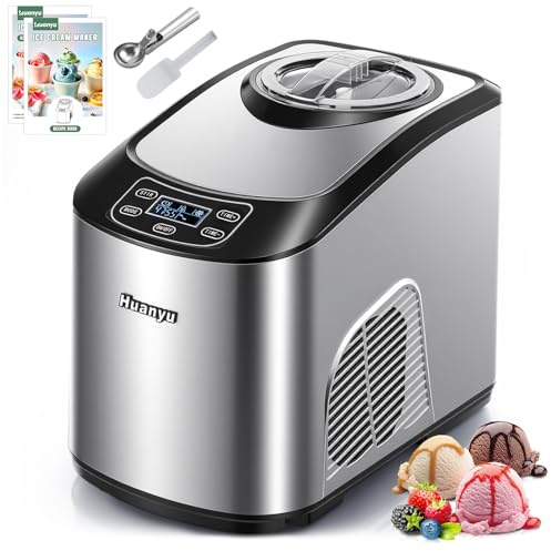 Huanyu Ice Cream Maker 1.5L Ice Cream Maker Machine with Built-in Compressor Fully Automatic Ice Cream Machine, No Pre-Freezing Needed Ice Cream Maker