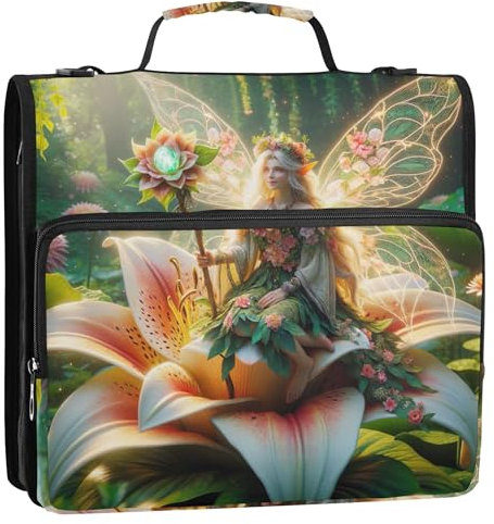 Fairy Flower Fantastic 3 Ring Binders D Ring Zip up Binder Organizer Keeper Binder Bag with Strap for School Portfolio Hold 500 Sheets Holder