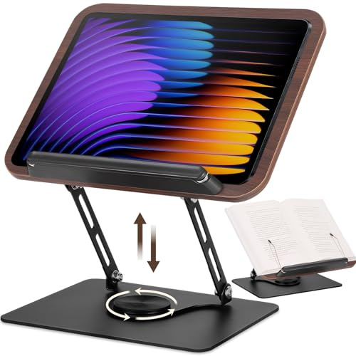 Exquilnova 360° Rotatable Book Holder for Reading,Adjustable Recipe Book Stand with Elastic Page Clip,Cookbook Stand for Tablet,Laptop,Magazines,School Textbook,Recipe,Magazine,Music Scores(Brown)