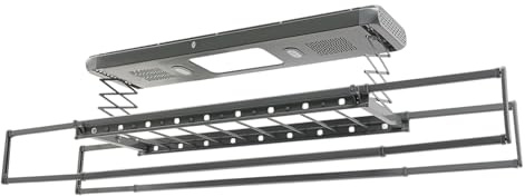 Elektrischer Wäscheständer 125x31x7 cm, Wäscheständer Decke mit Ventilator, Fernbedienung Wäschespinne mit Blaues Licht Sterilisation, Decke Ausziehbarer Wäschehalter mit LED Beleuchtung (Grau)