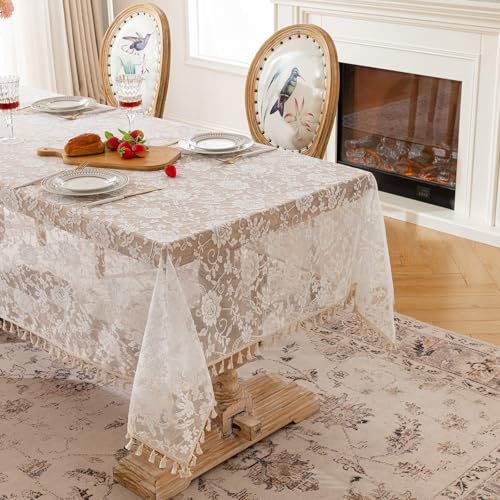 hometrixx Spitzen Tischdecke mit Quasten - Rechteckig Tischtuch 140x180cm aus Polyester für Dekoration Hochzeit Außendekoration (Rosen)