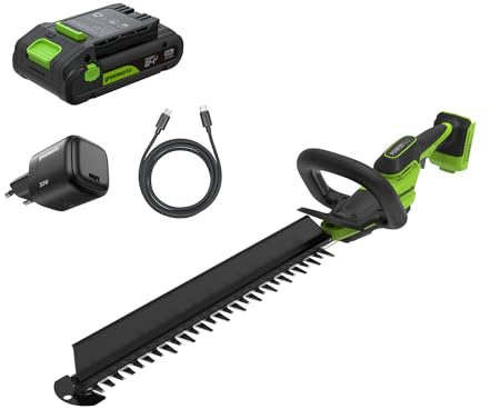Greenworks 24V Akku-Heckenschere Set 56 cm, bürstenloser Motor, Doppelmesser 28 mm, 2,0Ah Akku & Ladegerät, Hedge Sweeper HT2202A1