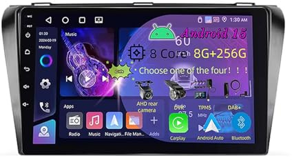 9 Pollici Doppio Din Android 15 Autoradio per Mazda 3 I For Mazda3 BK 2003-2009 con Car Play Telecamera Posteriore Comandi al volante Bluetooth GPS FM Radio WIFI(C1 2+32G)