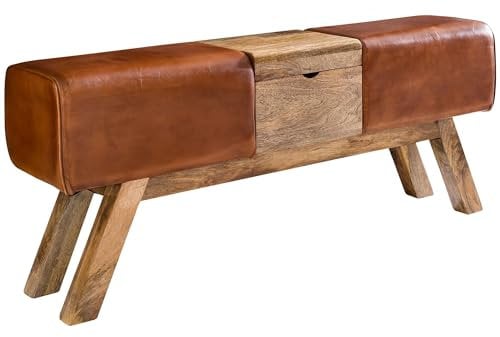 Wohnling Design Turnbock Sitzbank Braun Aufbewahrungsfach 120 x 29 x 53 cm, Turnhocker Bank aus Echtleder Klappfach, Hocker Garderobenbank Sitzhocker Springbock Turnbank