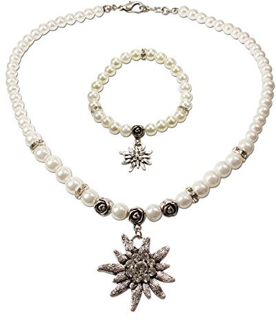 Schmuckset Trachtenkette Perlenkette und Edelweiß-Armband - Damen Dirndlkette und Trachtenarmband zur Trachtenbluse, Perlenarmband Strass-Edelweiss klein, Oktoberfest Dirndl-Schmuck (creme-weiß)