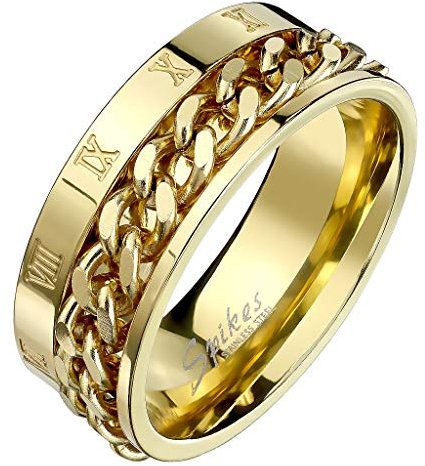 Mianova Herren Band Ring Titan Poliert mit Ketten Spinner Römischen Zeichen Bandring Herrenring Biker Rocker Größe 58 (18.5) Gold