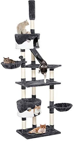 Yaheetech Albero Tiragraffi per Gatti Adulti a Soffitto in Sisal Naturale Giocattolo Gioco Altezza Regolabile da 228 cm a 255 cm Grigio/Bianco