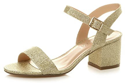 Women Ladies Low Block Heel peep Toe Ankle Strap Strappy Party Sandals, Gold Glitter, 5 UK