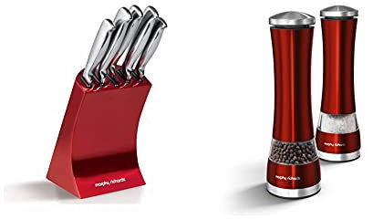 Morphy Richards Accents 46291 5 Piece Knife Block with High Grade Polished Stainless Steel Knives, Red & 974221 Accents Electronic Salt and Pepper Mill Set, Red, Stainless Steel, Red