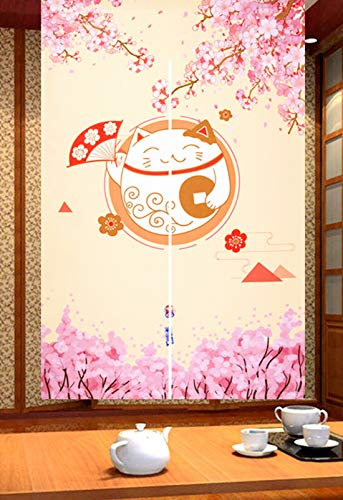 LIGICKY Japanische Stil Dick Noren Lang Vorhänge Raumteiler Türvorhang Raumteiler Tapisseri für die Heimtextilien, Gelb 85 x 150 cm (Fortune Cats und Kirschblüte)