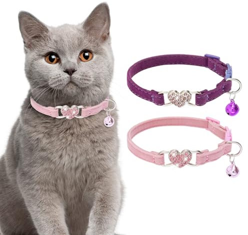 Bingpet Lot de 2 colliers pour chat avec clochette en forme de cœur en velours doux réglable, violet