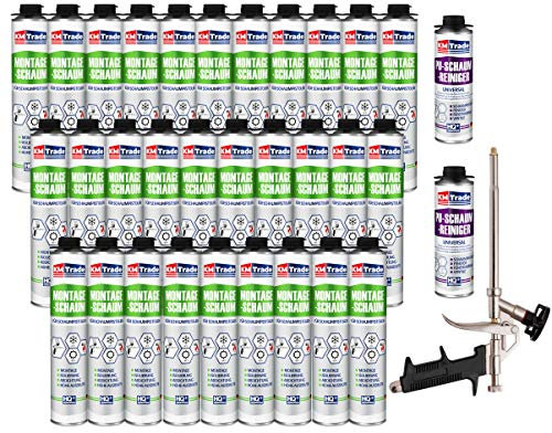KM Trade Bauschaum-Set - Inkl. 30x 1K Montageschaum (je 750 ml), 1x Schaum-Pistole & 2x PU-Schaum-Reiniger (500 ml)
