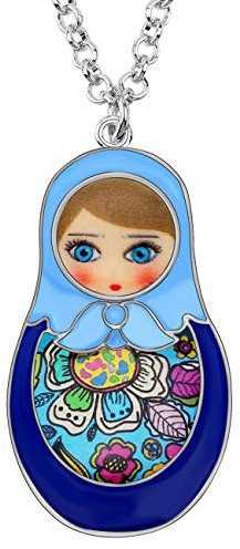WEVENI Legierung Puppe Halskette Matrjoschka Russische Puppe Anhänger Kette Emaille Schmuck Geschenke für Frauen Mädchen (Blau)