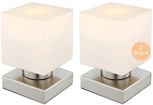 bmf-versand® Nachttischlampe 2er Set Touch - LED Tischlampe 2 Stück Eckig - Tischleuchte mit Touchfunktion - Nachttischleuchte Schlafzimmer - Leuchtmittel 3 Watt Warmweiß - 15 x 15 cm