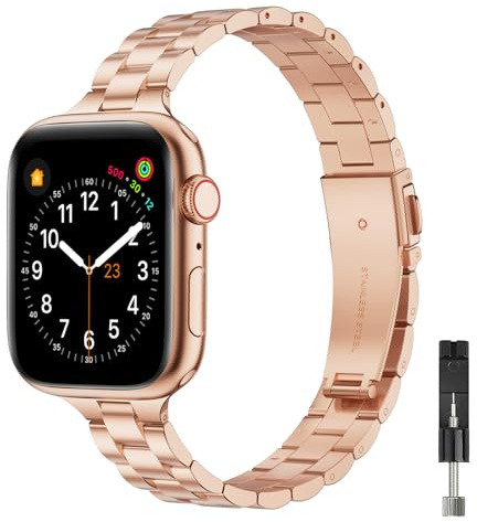 OMIU Thin Band Compatible with Apple Watch 40mm 38mm 41mm 42mm 44mm 45mm 49mm, Premium Stainless Steel Metal Replacement Adjustable Wristband Strap for iWatch Ultra SE Series 9/8/7/6/5/4/3/2/1 Women