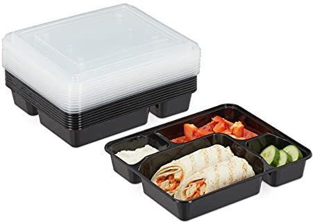 Relaxdays Set 10 Fiambreras Plástico, Recipientes con Tapa, 4 Compartimentos, 1000ml, para Microondas, Negro