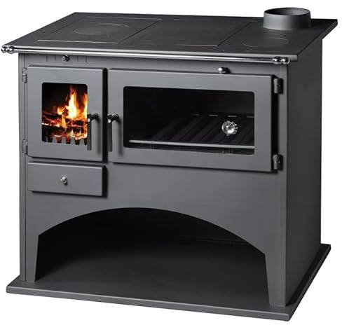 EEK A Kaminofen mit Backfach und Herdplatte Werkstattofen Viki 10,5 kW Schwedenofen Kamin Hüttenofen Ofen Grau